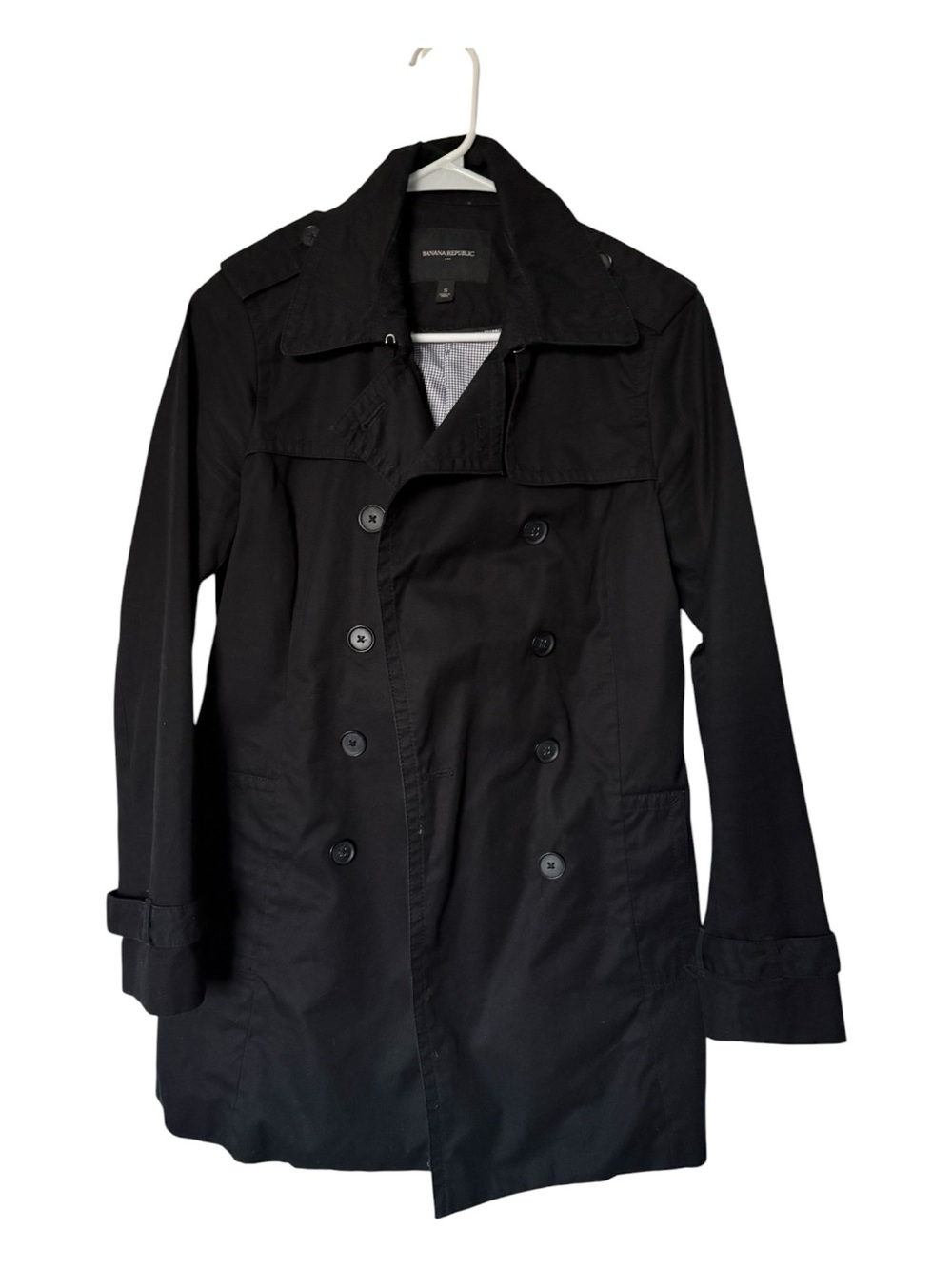 Banana Republic Black Double-Breasted Trench Coat with Notch Collar